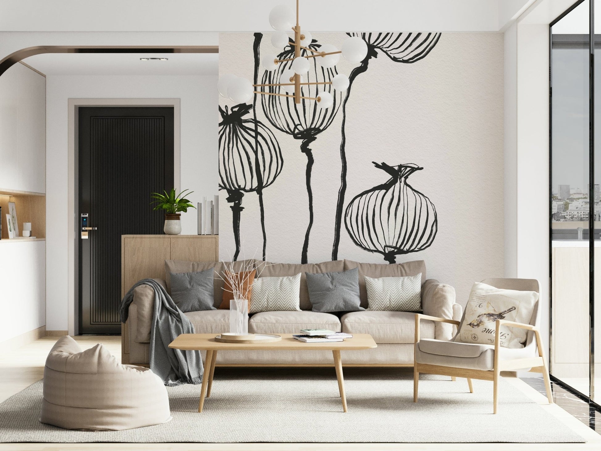 Sofa corner lifted by Ink Poppy Pods wall mural in a refined monochrome setting