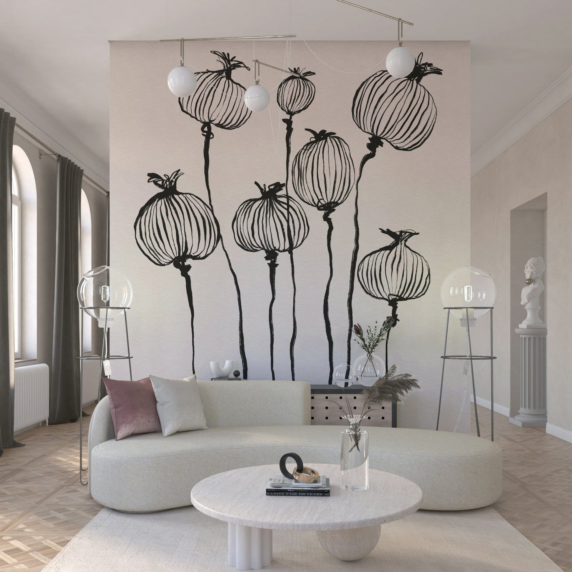 Soft neutral lounge featuring Ink Poppy Pods wall mural with tall pod silhouettes