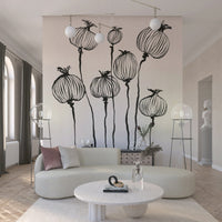 Soft neutral lounge featuring Ink Poppy Pods wall mural with tall pod silhouettes