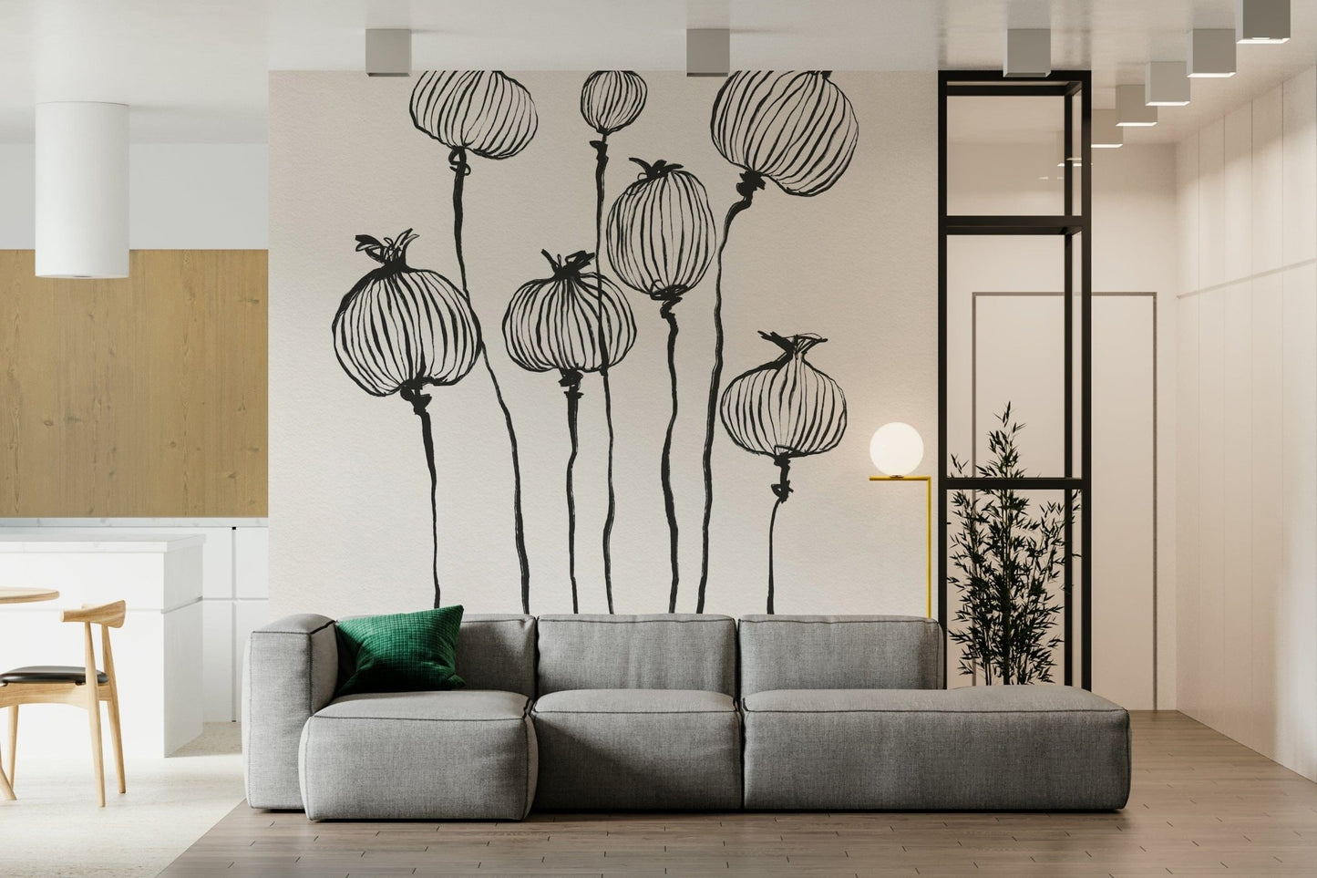 Minimal living area styled with Ink Poppy Pods wall mural in fine black lines