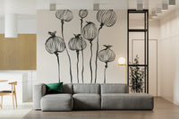 Minimal living area styled with Ink Poppy Pods wall mural in fine black lines