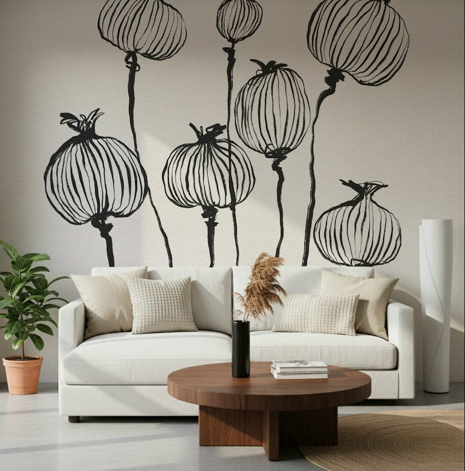 Ink Poppy Pods wall mural behind a sofa in a calm neutral lounge setting, GD7928