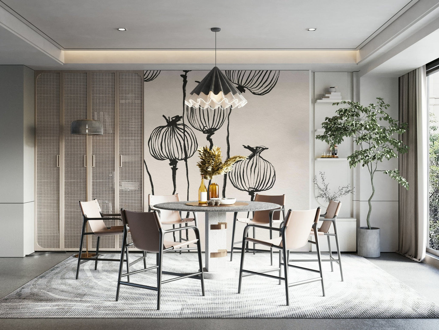 Dining room styled with Ink Poppy Pods wall mural and tall botanical linework