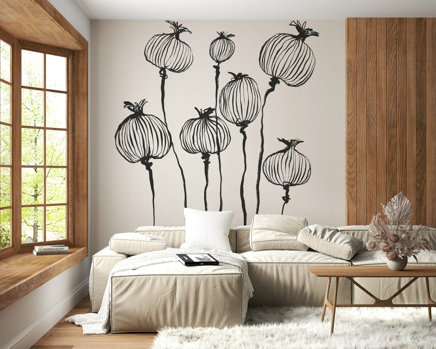 Sunlit bedroom paired with Ink Poppy Pods wall mural for a calm botanical focus