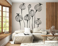 Sunlit bedroom paired with Ink Poppy Pods wall mural for a calm botanical focus