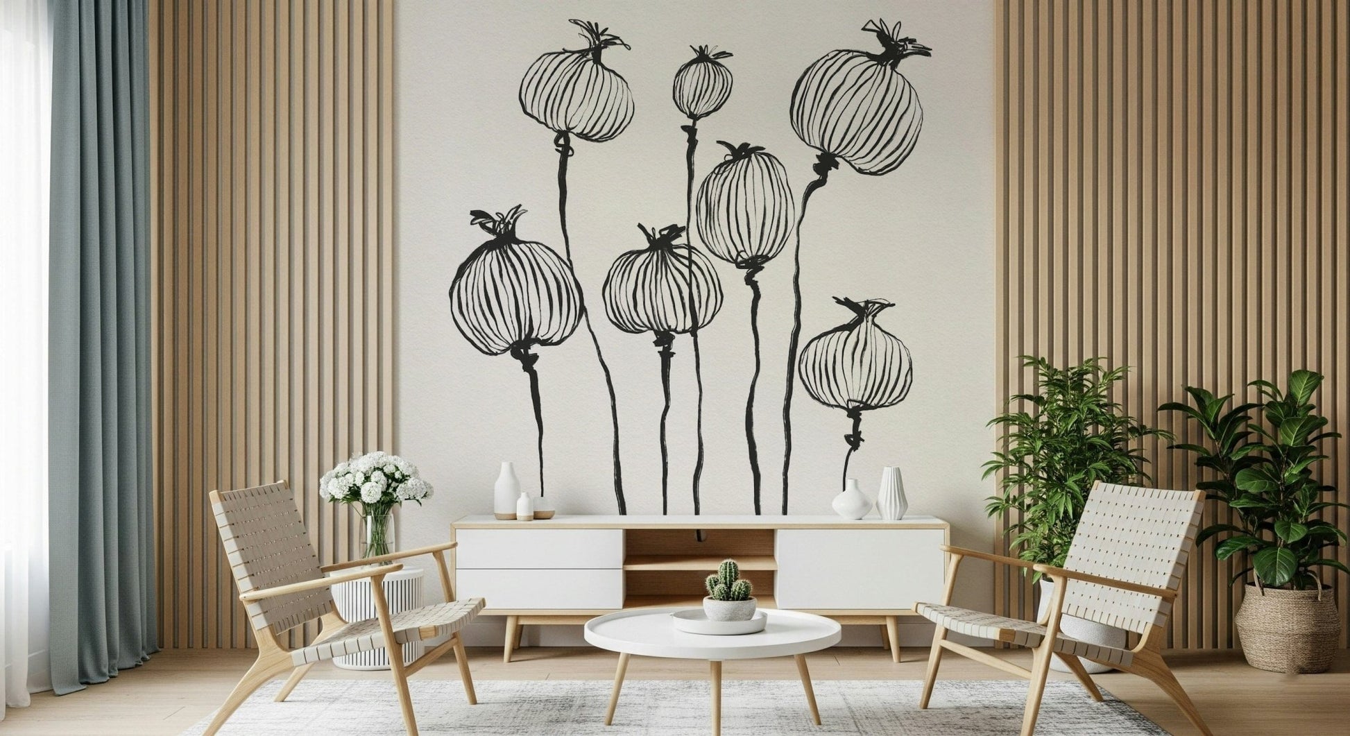Striped dining nook featuring Ink Poppy Pods wall mural in soft monochrome tones