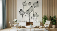 Striped dining nook featuring Ink Poppy Pods wall mural in soft monochrome tones