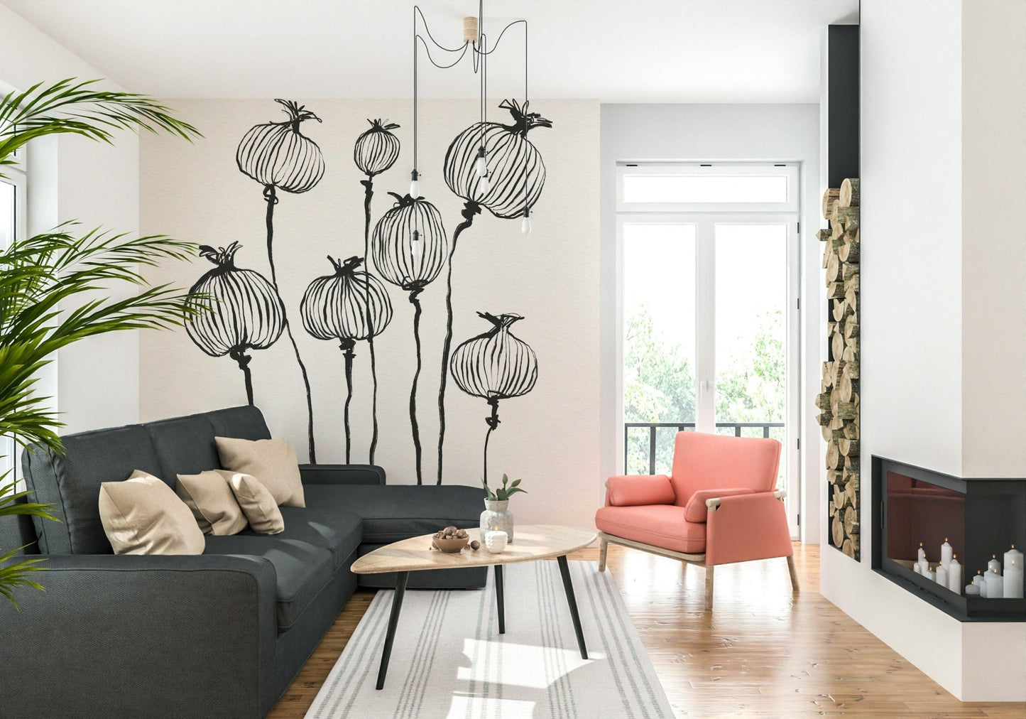 Bright sitting room framed by Ink Poppy Pods wall mural and light natural accents