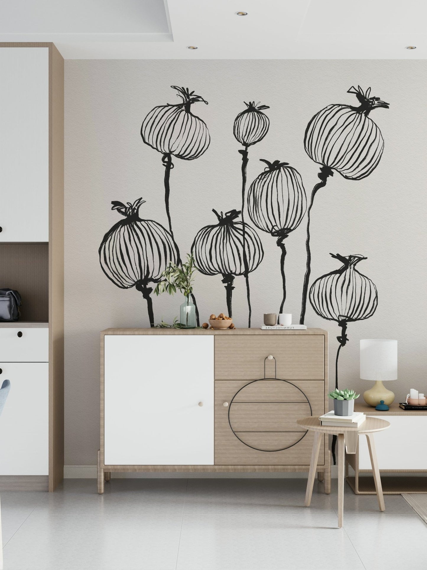 Entry console space styled with Ink Poppy Pods wall mural and clean line detail