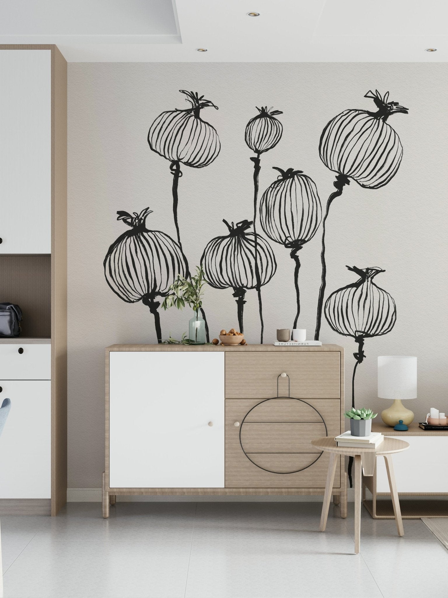 Entry console space styled with Ink Poppy Pods wall mural and clean line detail