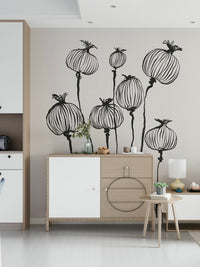 Entry console space styled with Ink Poppy Pods wall mural and clean line detail