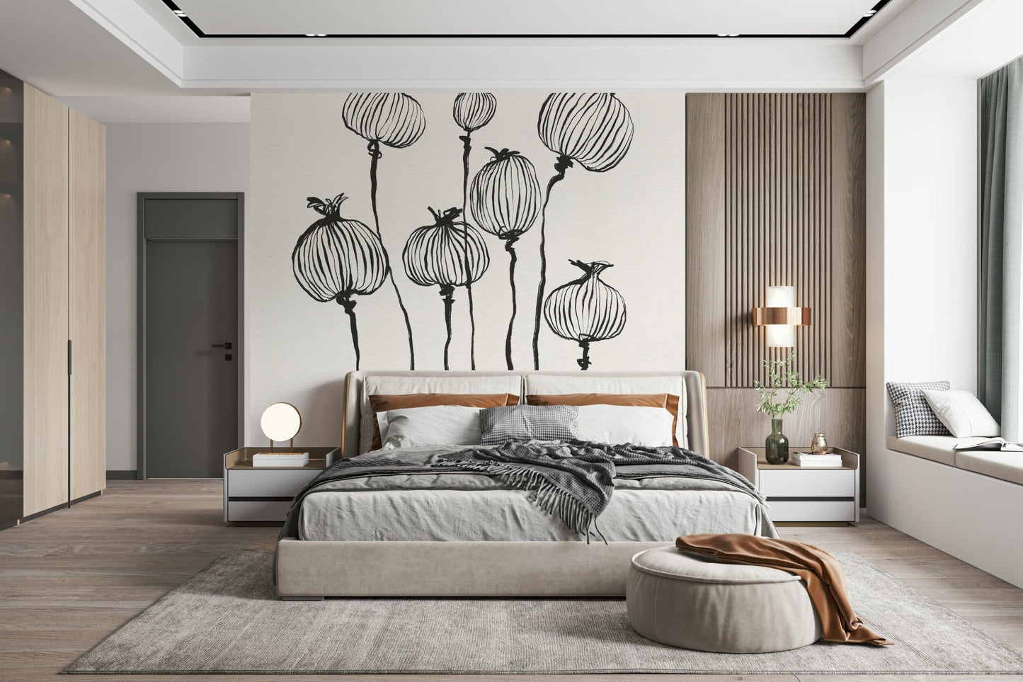 Modern bedroom finished with Ink Poppy Pods wall mural above a layered bed setup