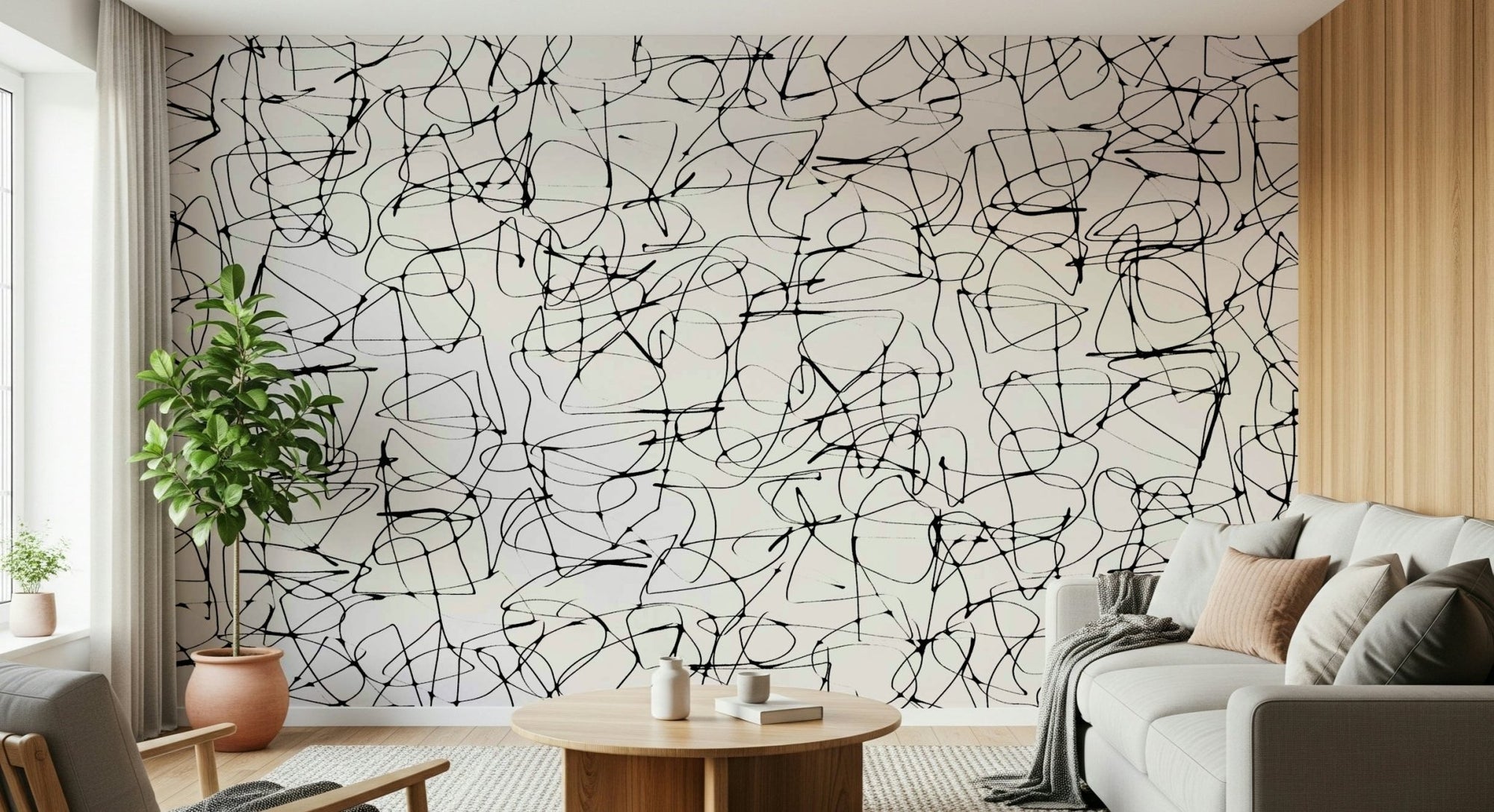 Dense black ink scribble wall mural on light grey background. GD5485