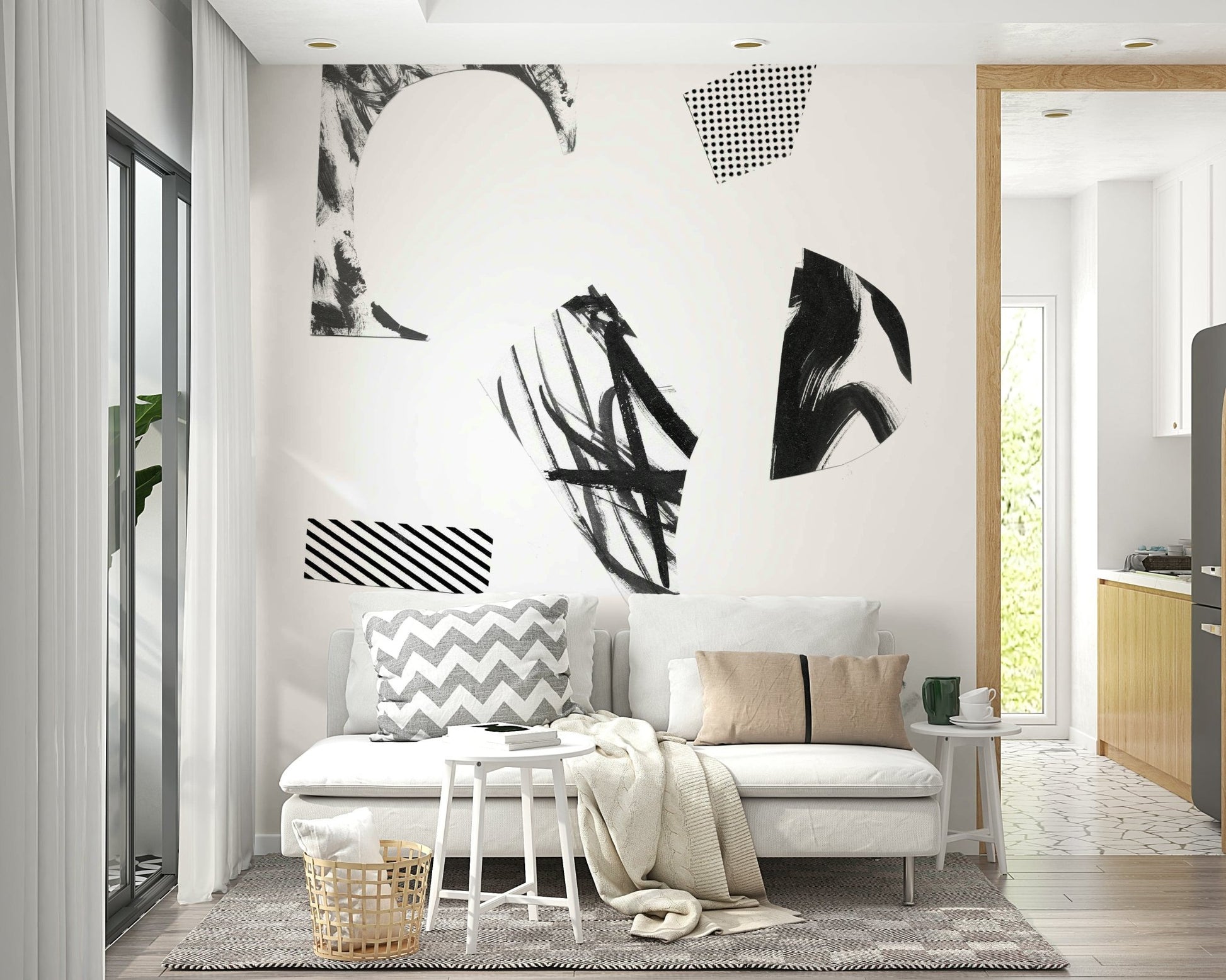 An artistic abstract pattern mural on minimalist wallpaper.

