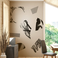 A peaceful geometric abstract mural on decorative wallpaper.

