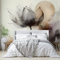 Artistic mural with misty petals and fluid ink textures.


