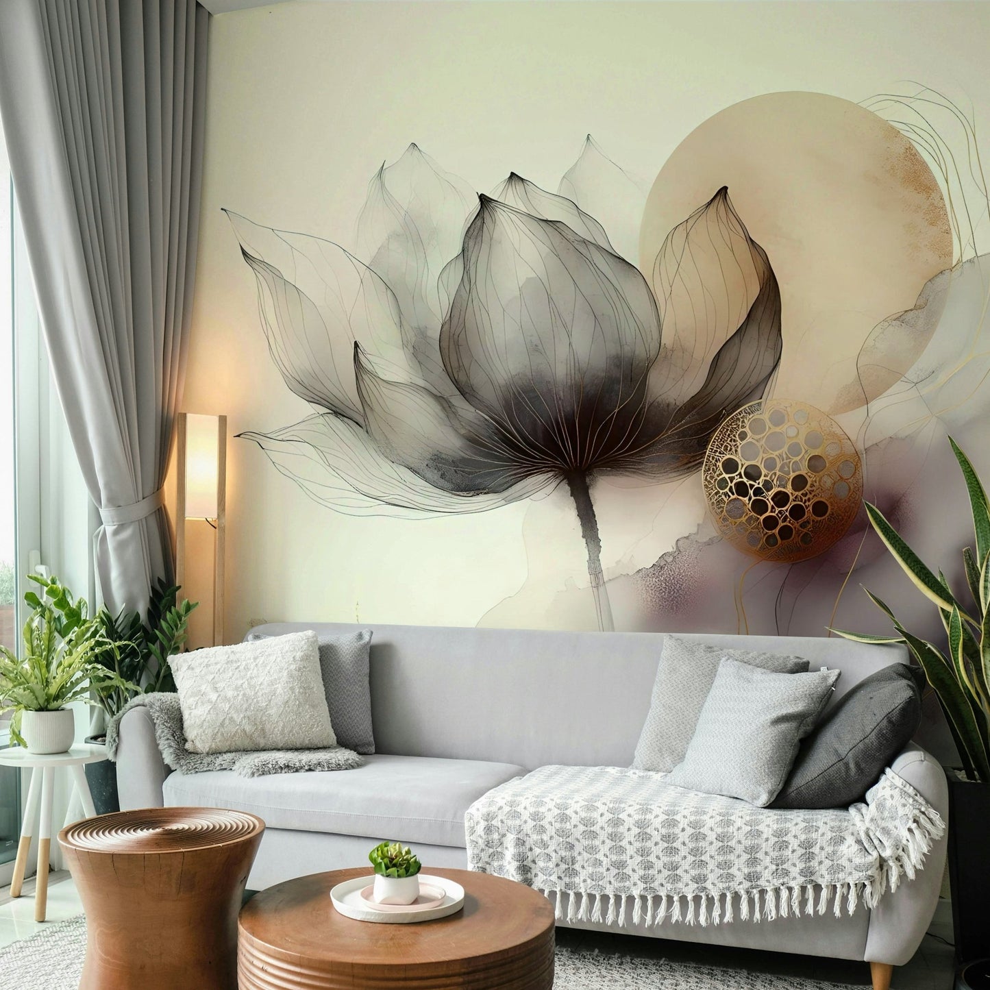 Abstract flower mural in soft greys and inky tones.

