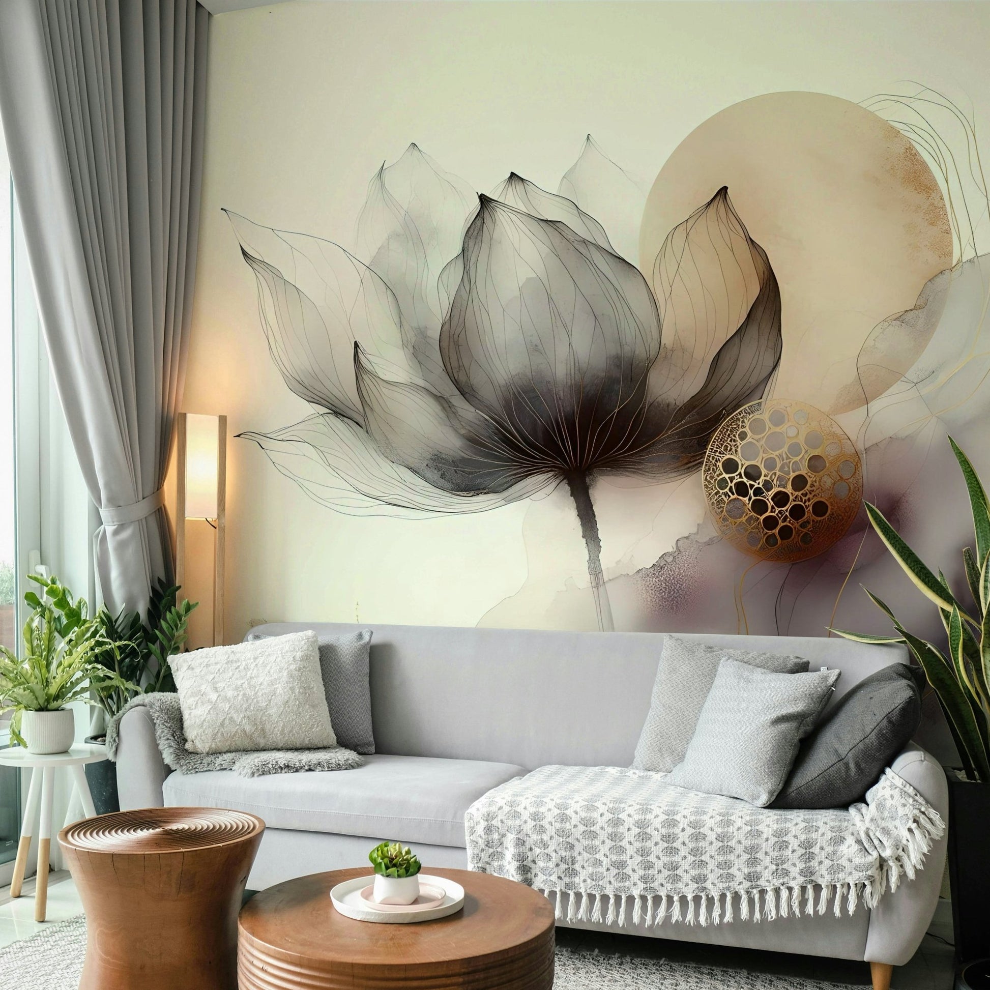 Abstract flower mural in soft greys and inky tones.

