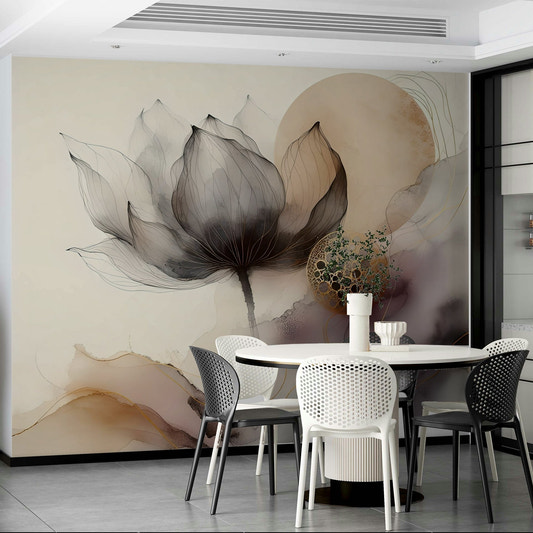 Ink wash floral mural with dreamy watercolor blossoms.

