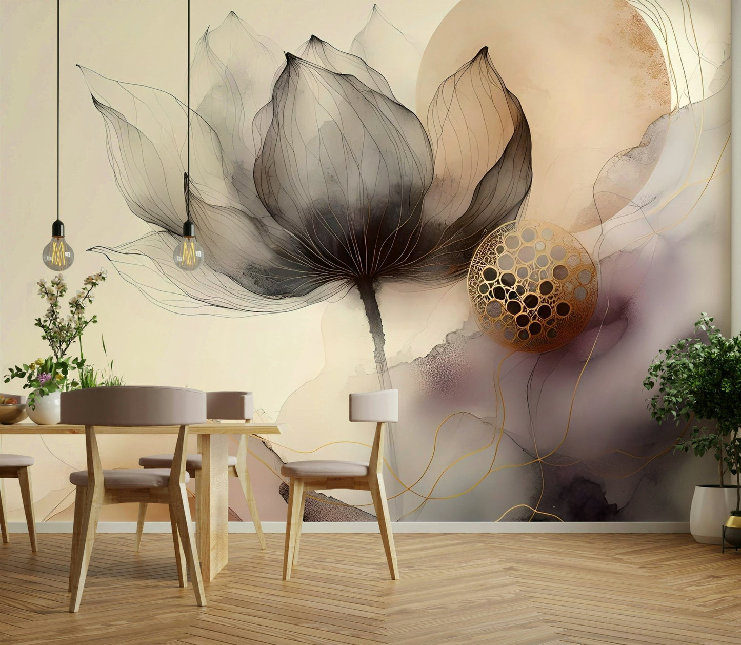 Grayscale floral mural with delicate fading blooms.

