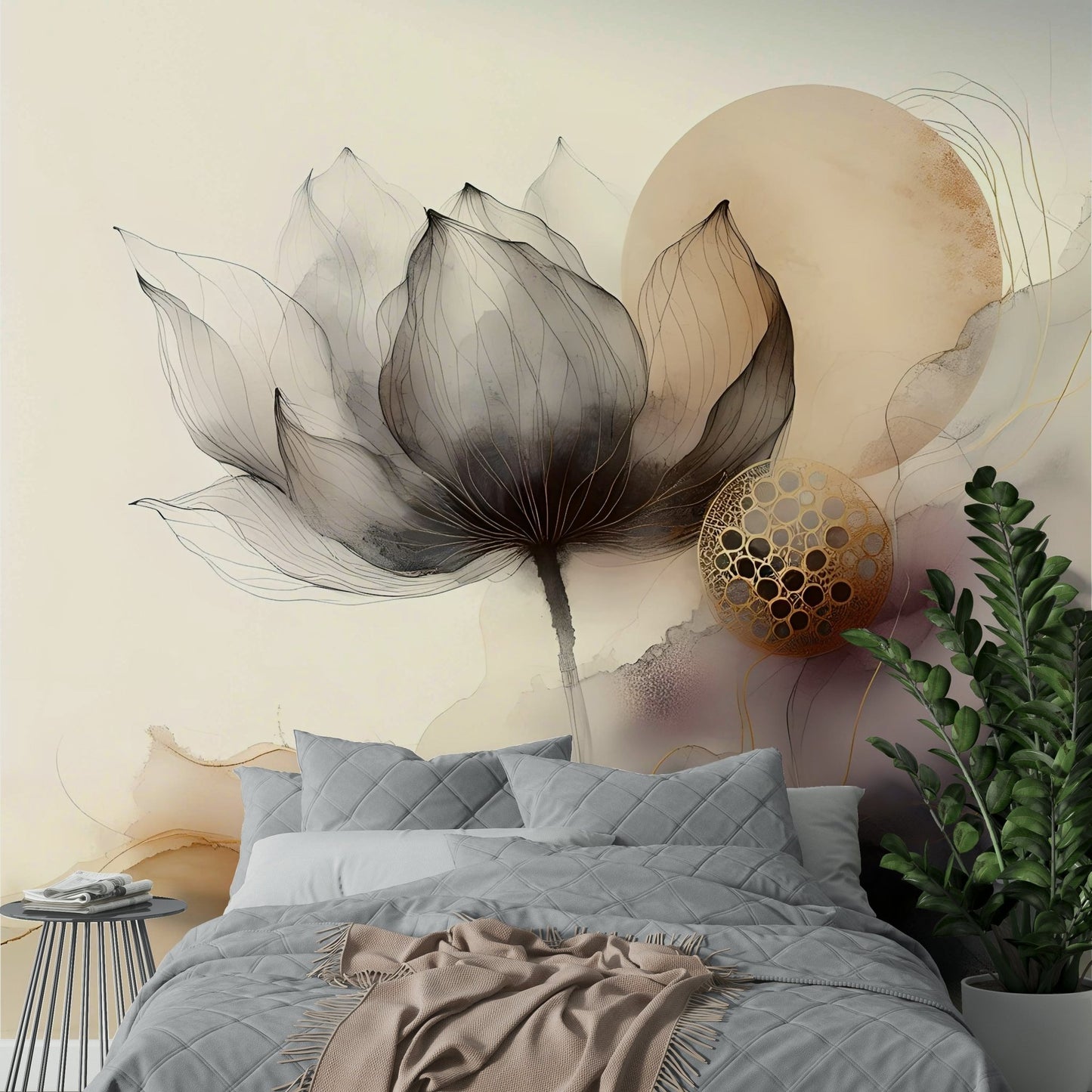 Monochrome wall mural of blurred ink-wash flowers.

