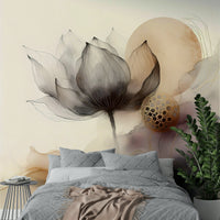 Monochrome wall mural of blurred ink-wash flowers.

