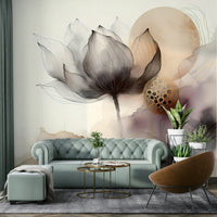 Wall mural of inky florals dissolving into soft haze.

