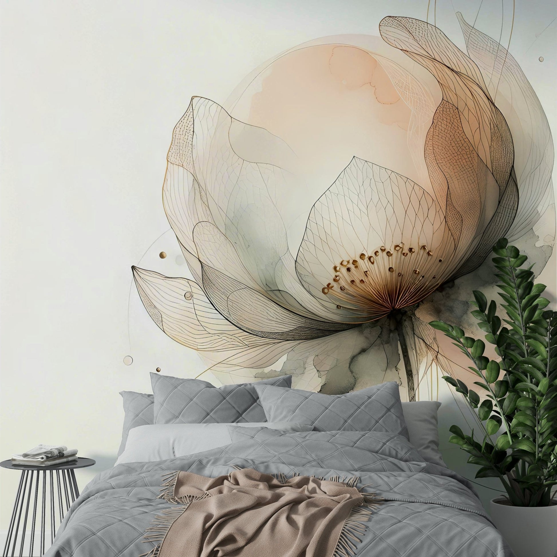 Minimalist lotus flower mural with brushstroke detail.

