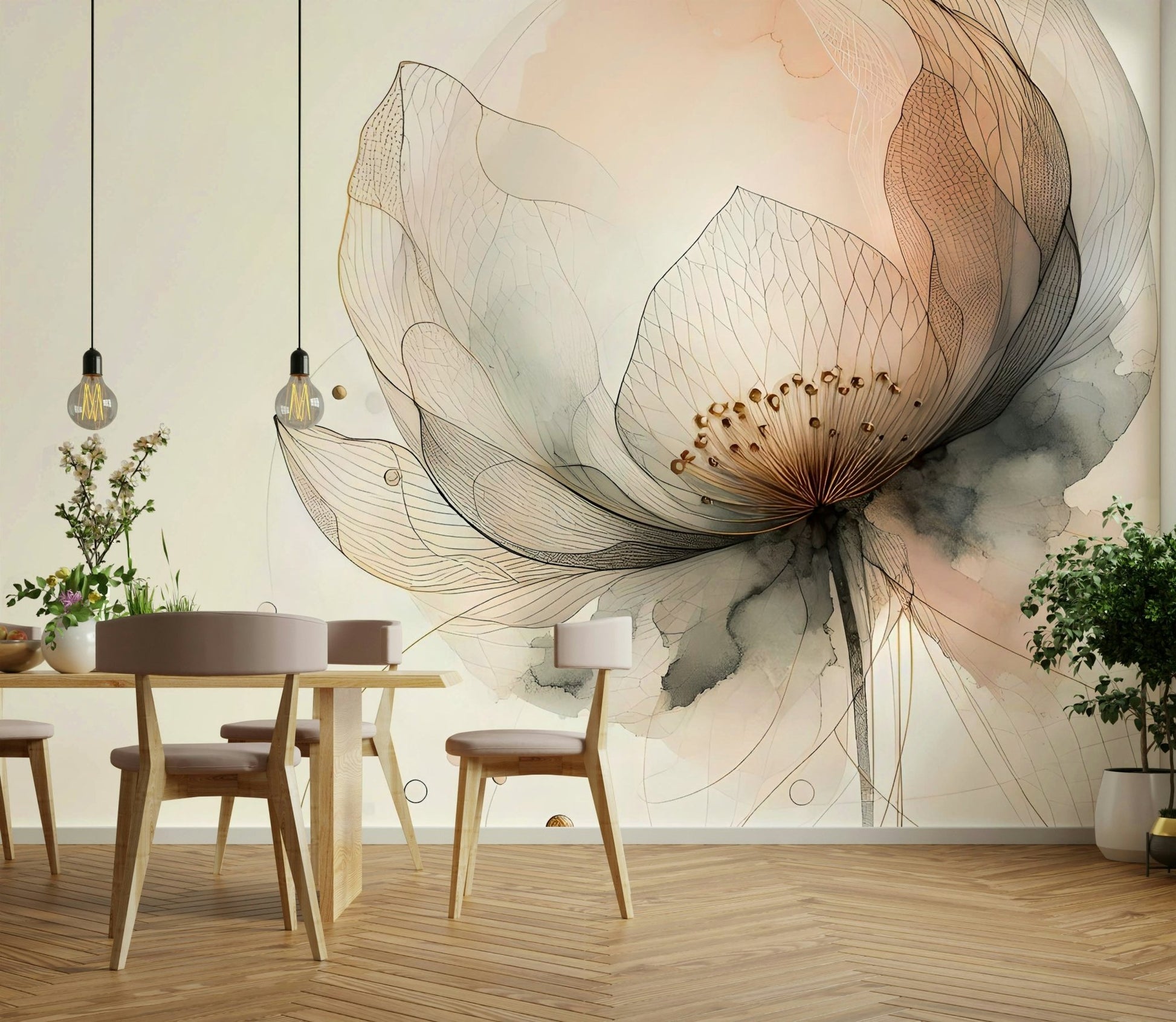 Black and white lotus mural with ink wash effect.

