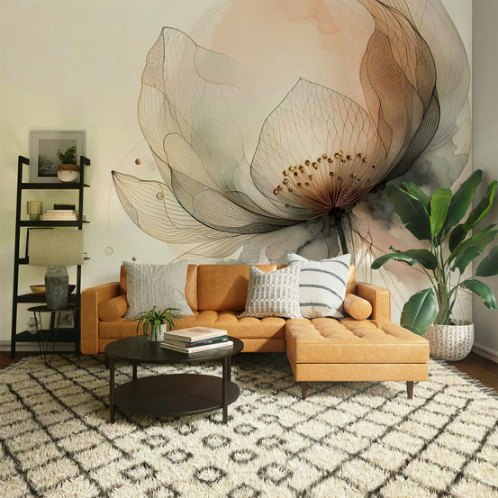 Ink wash wall mural with abstract lotus flowers., GD1607