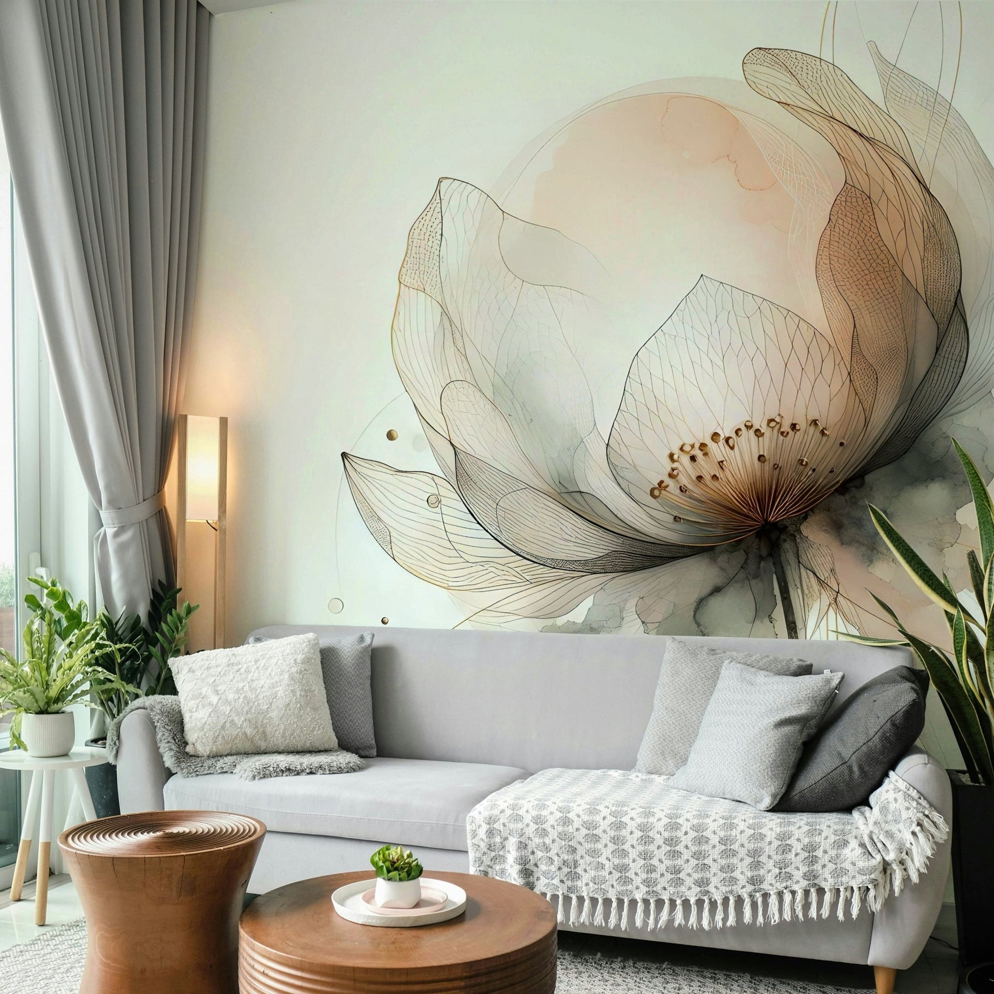 Hand-painted lotus design in grayscale wall mural.

