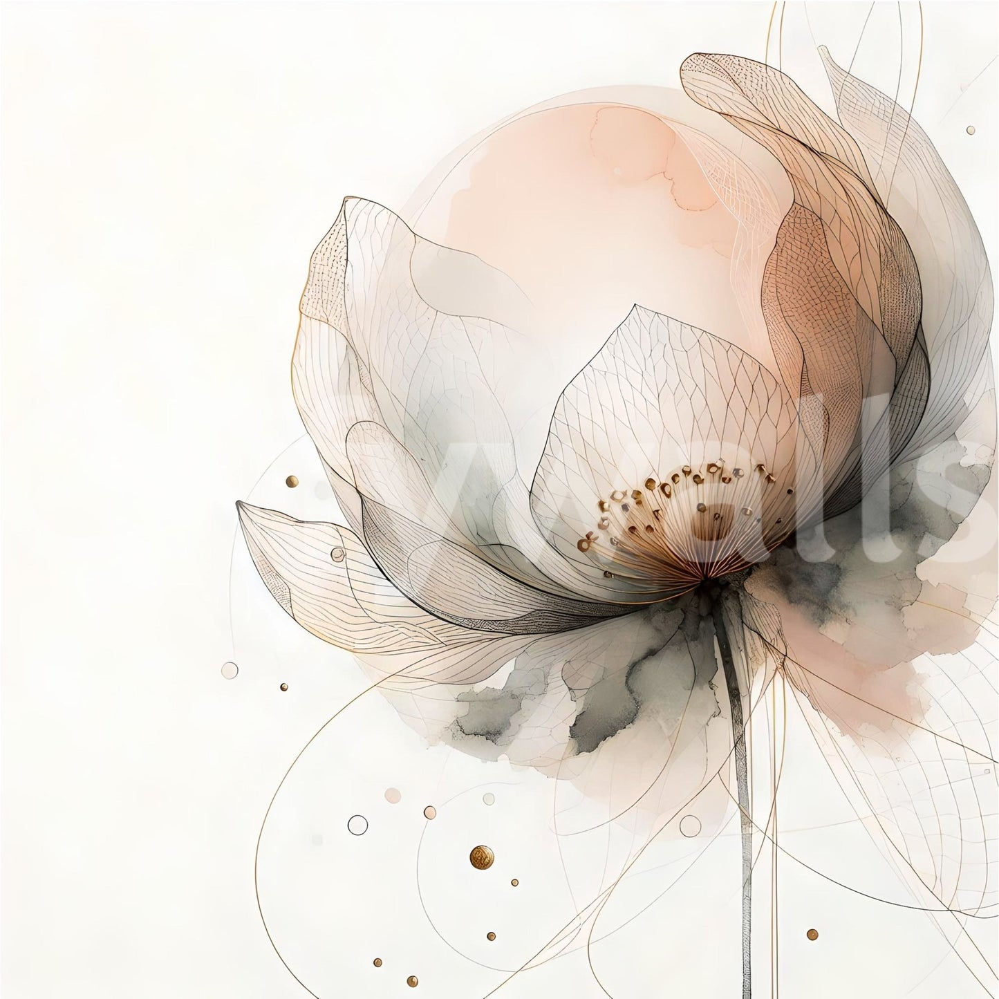 Wall mural of lotus blossoms in dreamy ink wash finish.

