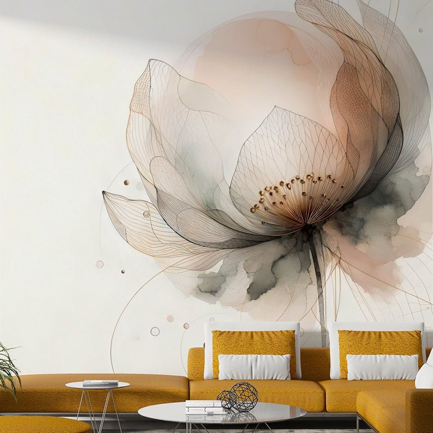 Ink-washed floral mural with floating lotus blossoms.

