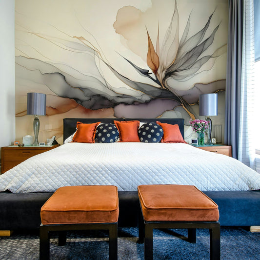 Artistic mural of Bird of Paradise in inky tones.

