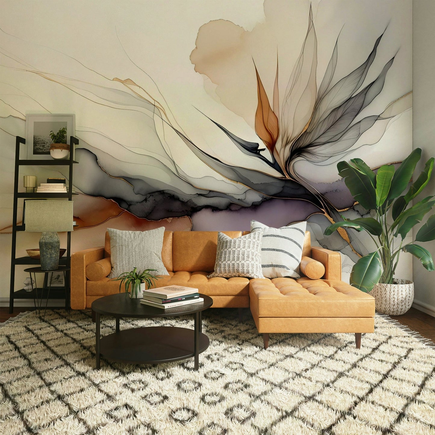 Dramatic wall art with dark florals and jungle foliage.

