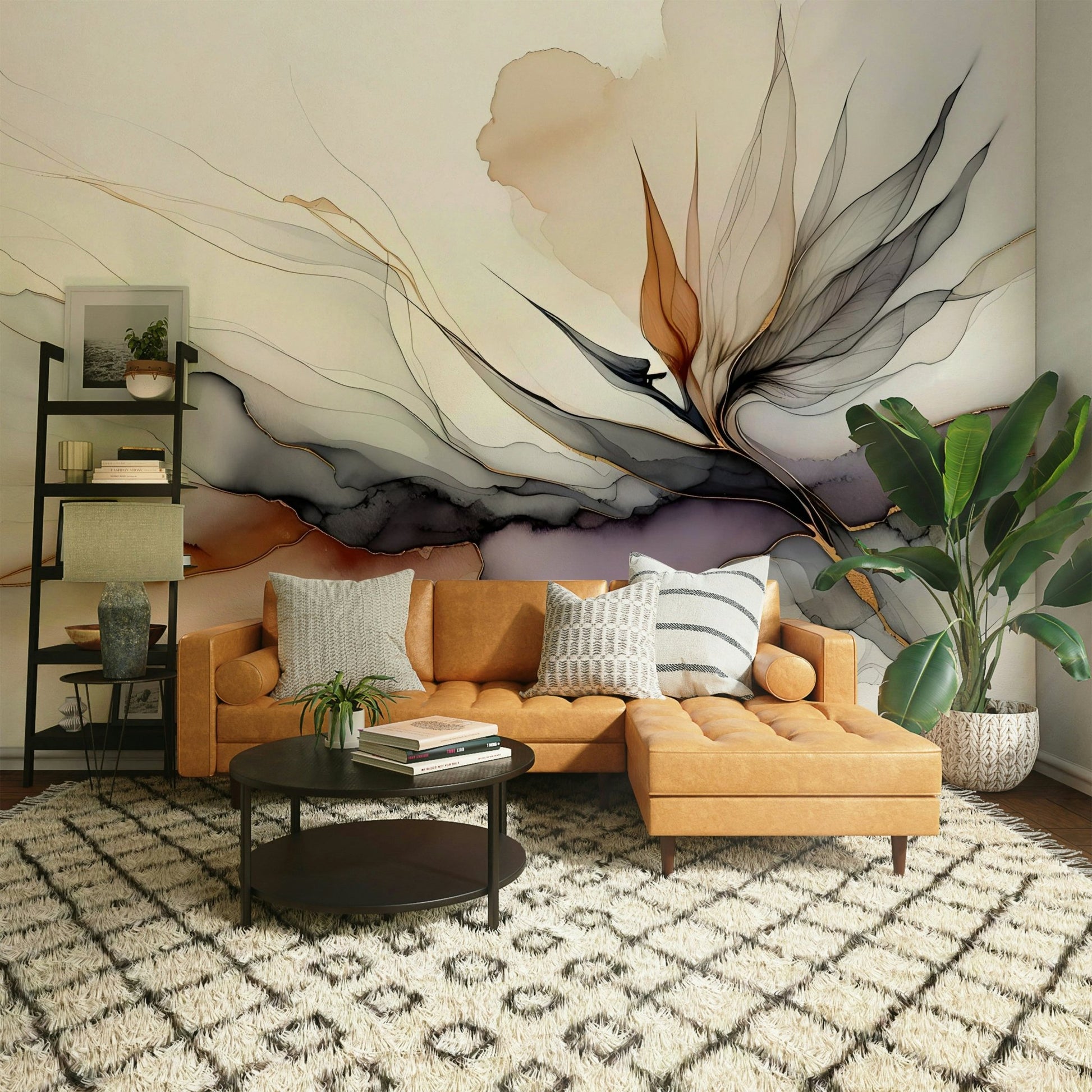 Dramatic wall art with dark florals and jungle foliage.

