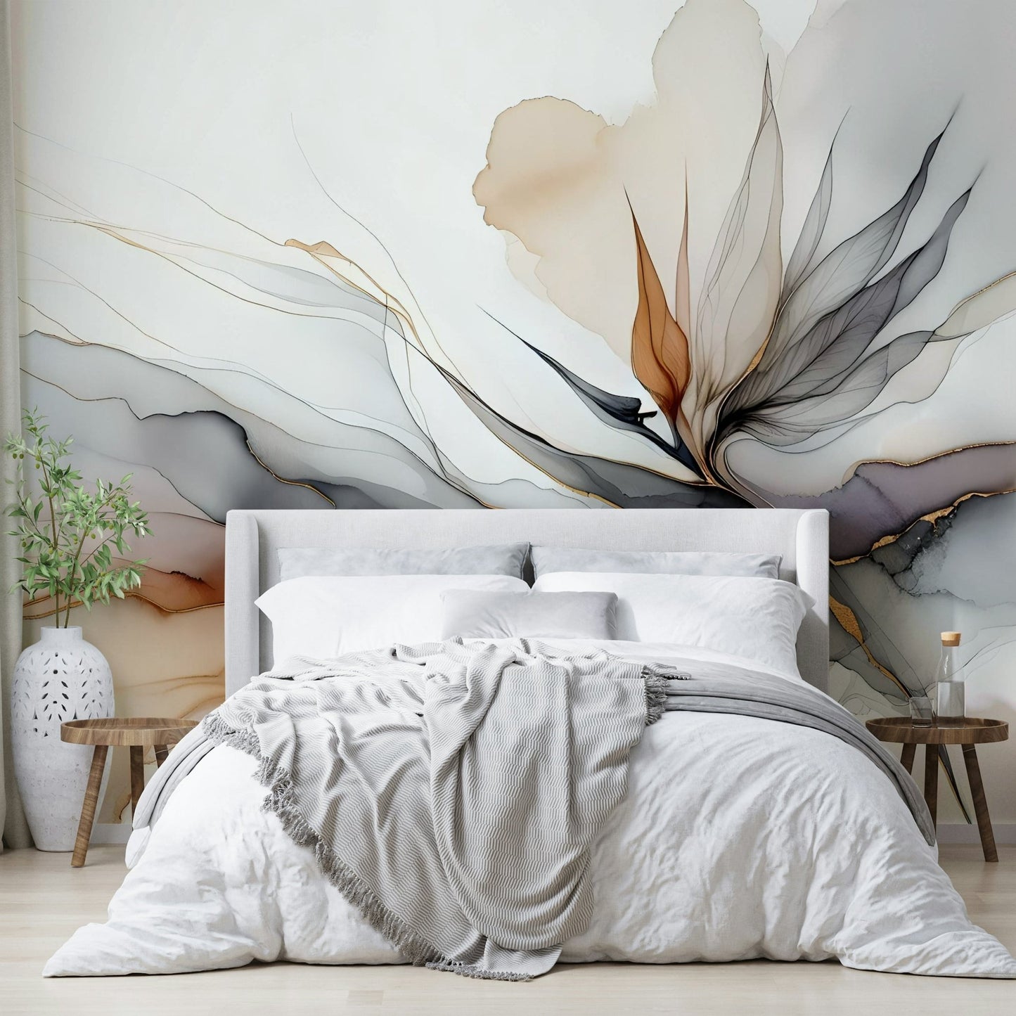 Dark botanical wall mural with exotic floral elements.

