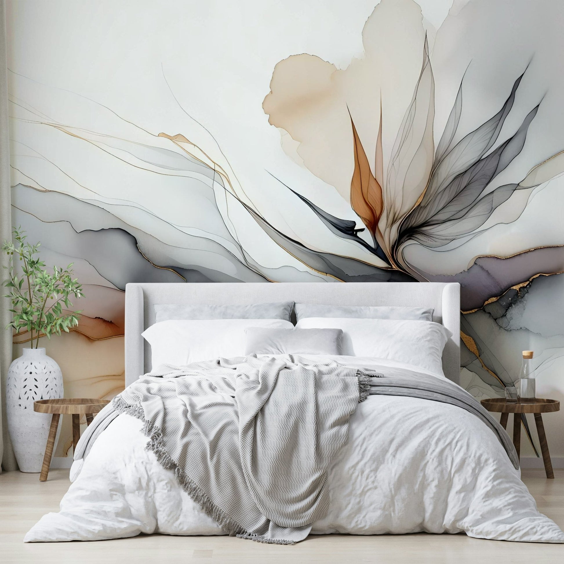 Dark botanical wall mural with exotic floral elements.

