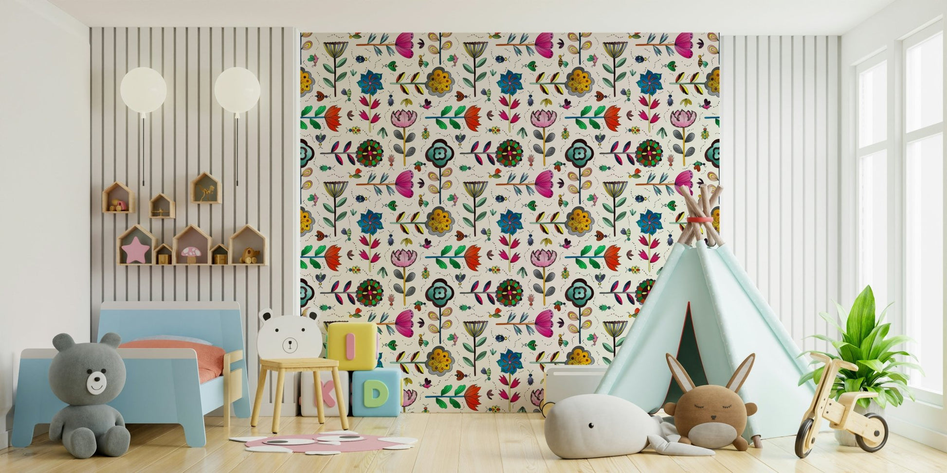 Minimalist wallpaper with floral outlines and gentle insects.

