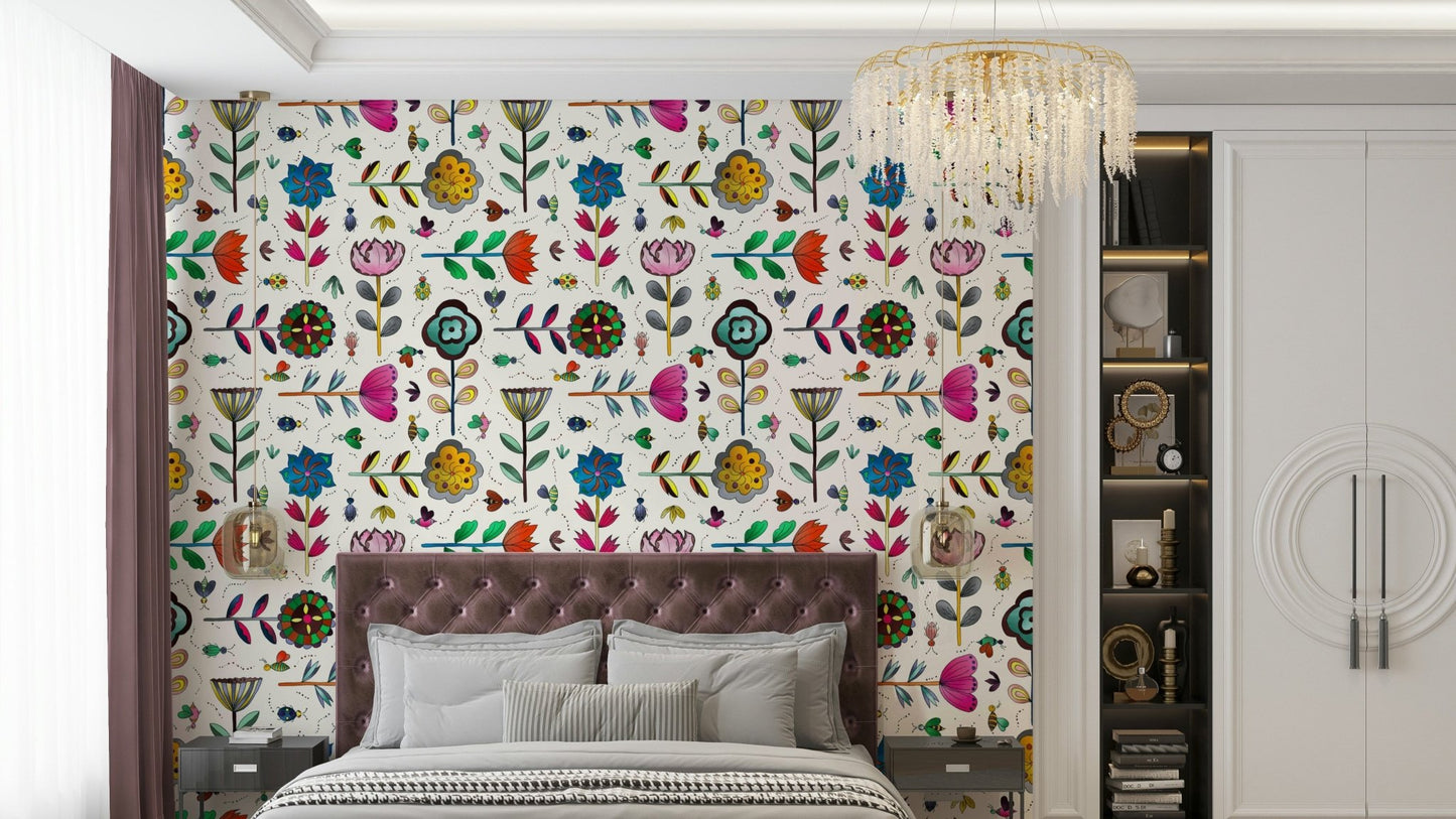 White wallpaper with delicate insects and blooming flowers.

