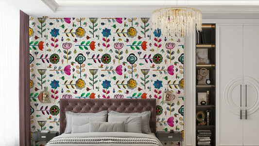 White wallpaper with delicate insects and blooming flowers.

