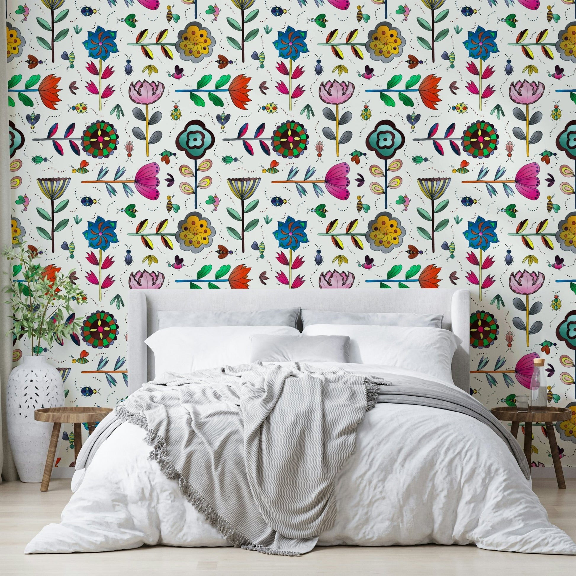 Hand-drawn bees and butterflies on a white floral backdrop.

