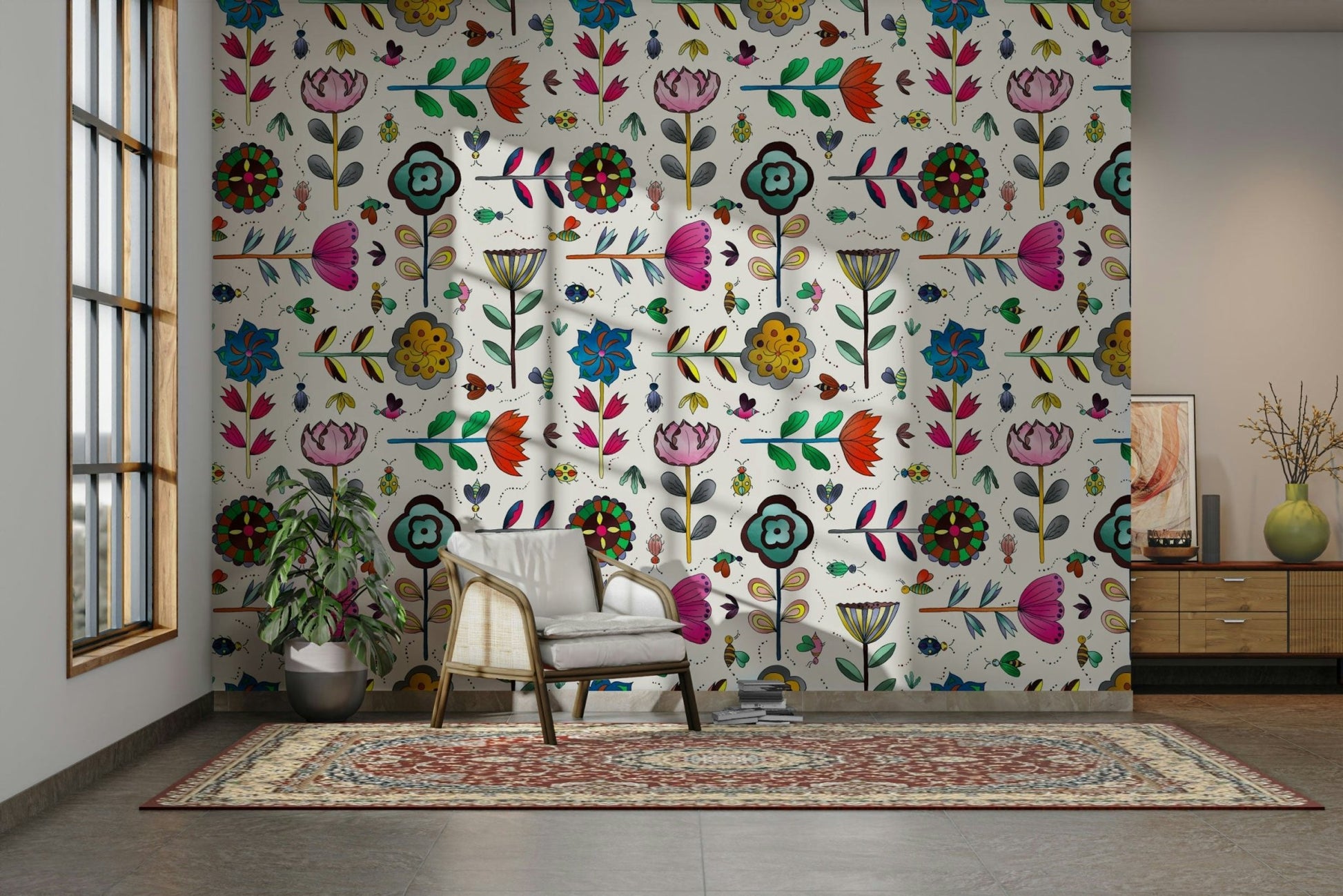 Wallpaper featuring whimsical garden creatures on white base.

