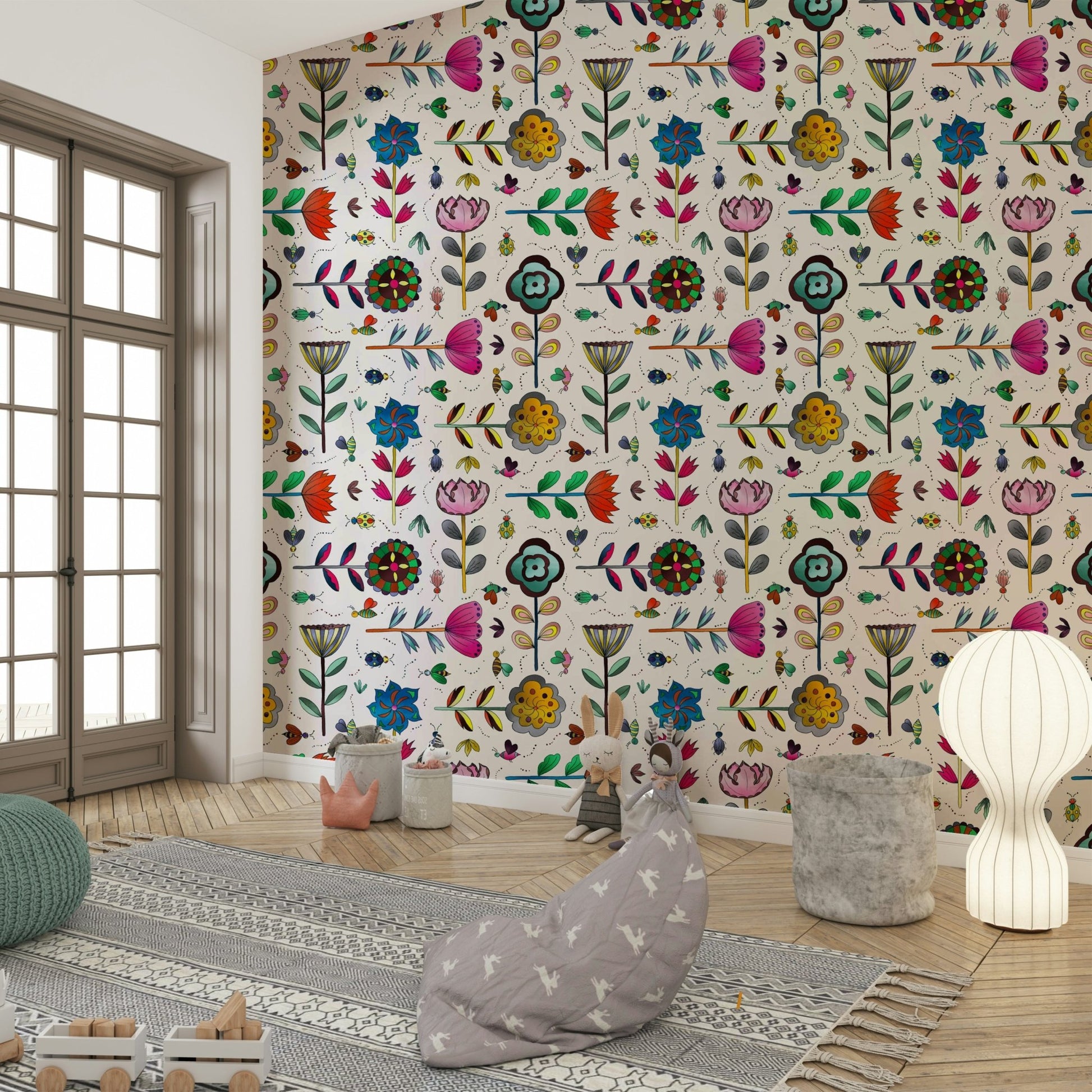 Subtle wallpaper showing bees, dragonflies, and floral vines.

