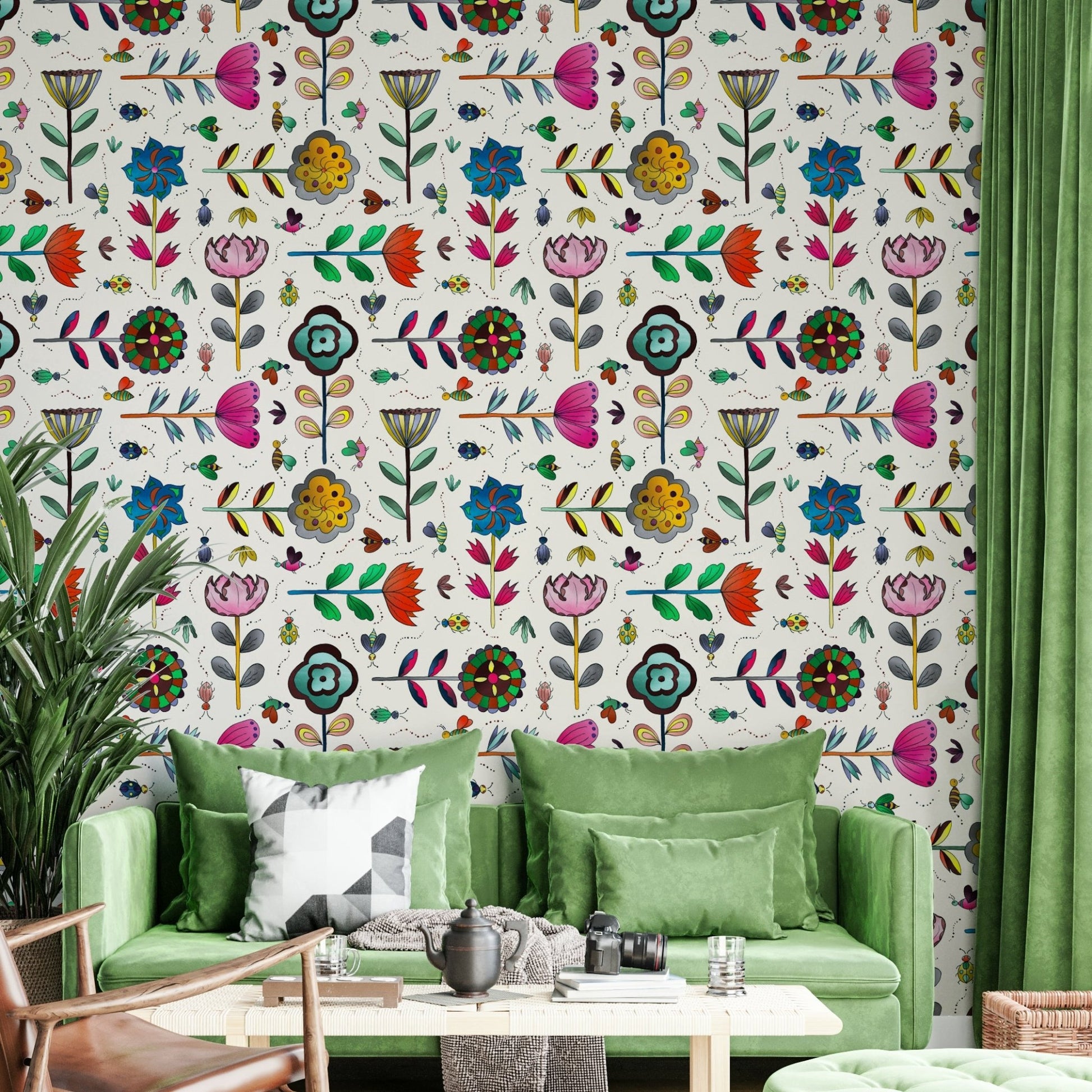 Elegant wall design of white flowers with delicate bug accents.

