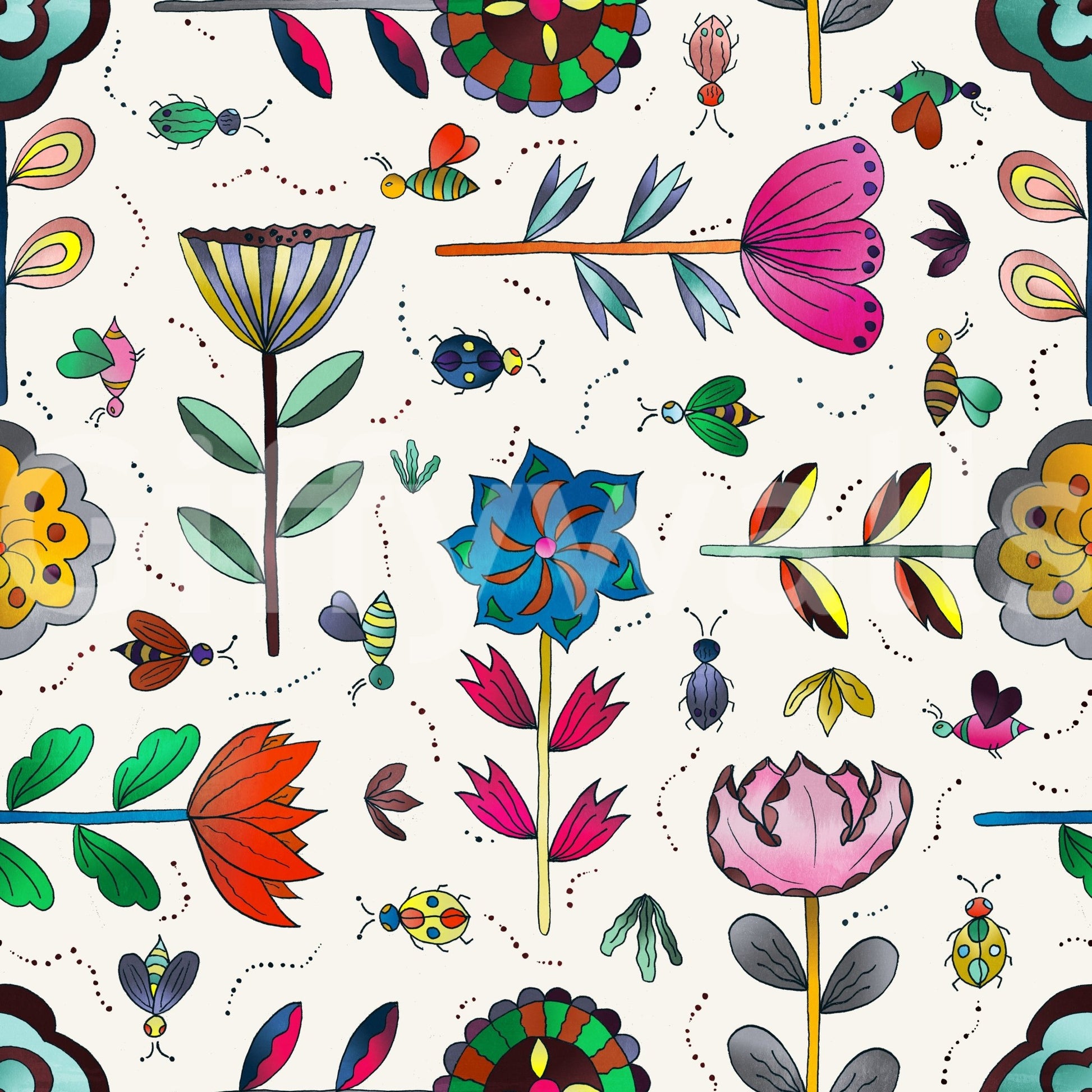 Airy wallpaper for kids' rooms with flowers and garden bugs.

