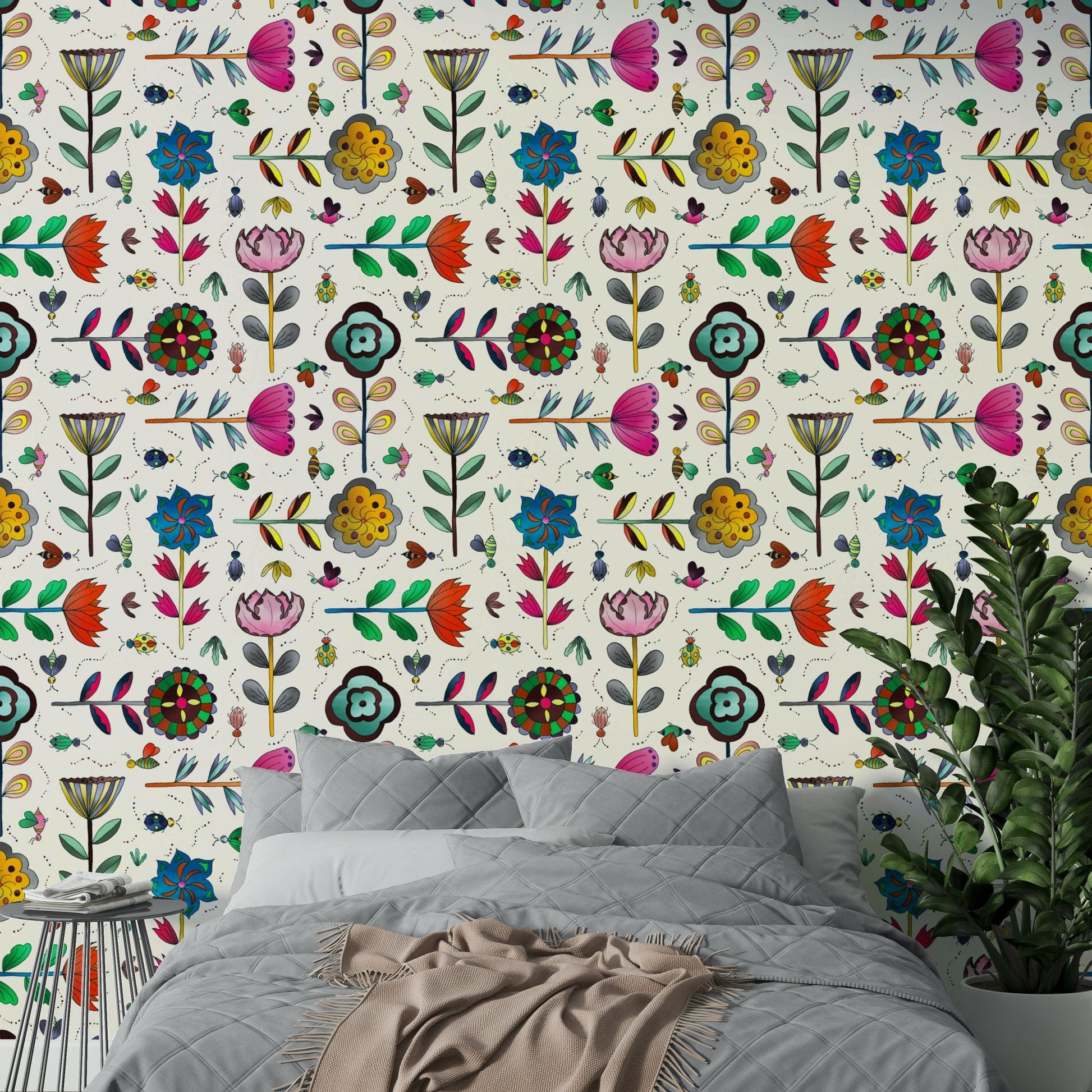 Light wallpaper with garden bugs and stylized floral sketches.

