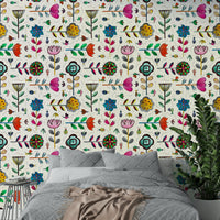 Light wallpaper with garden bugs and stylized floral sketches.

