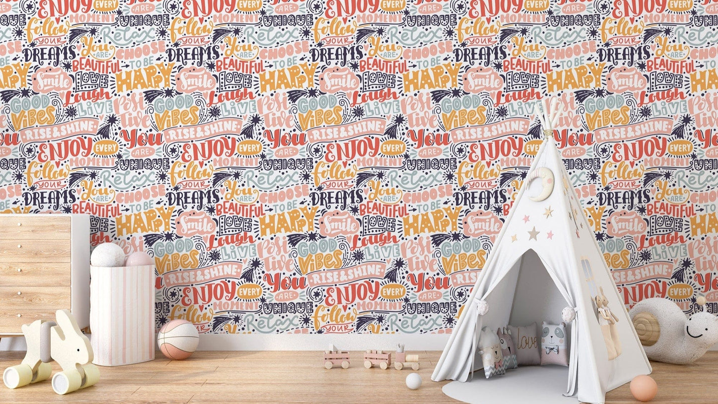 Positive vibes mural with text wallpaper for kids
