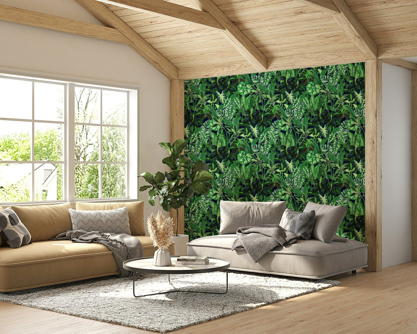 This wallpaper is suitable for a living room, a dining room, or a sunroom.
